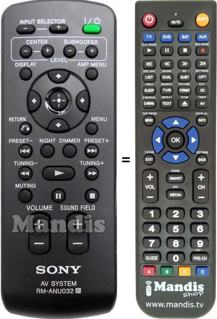 Télécommande équivalente Sony RM-ANU 032