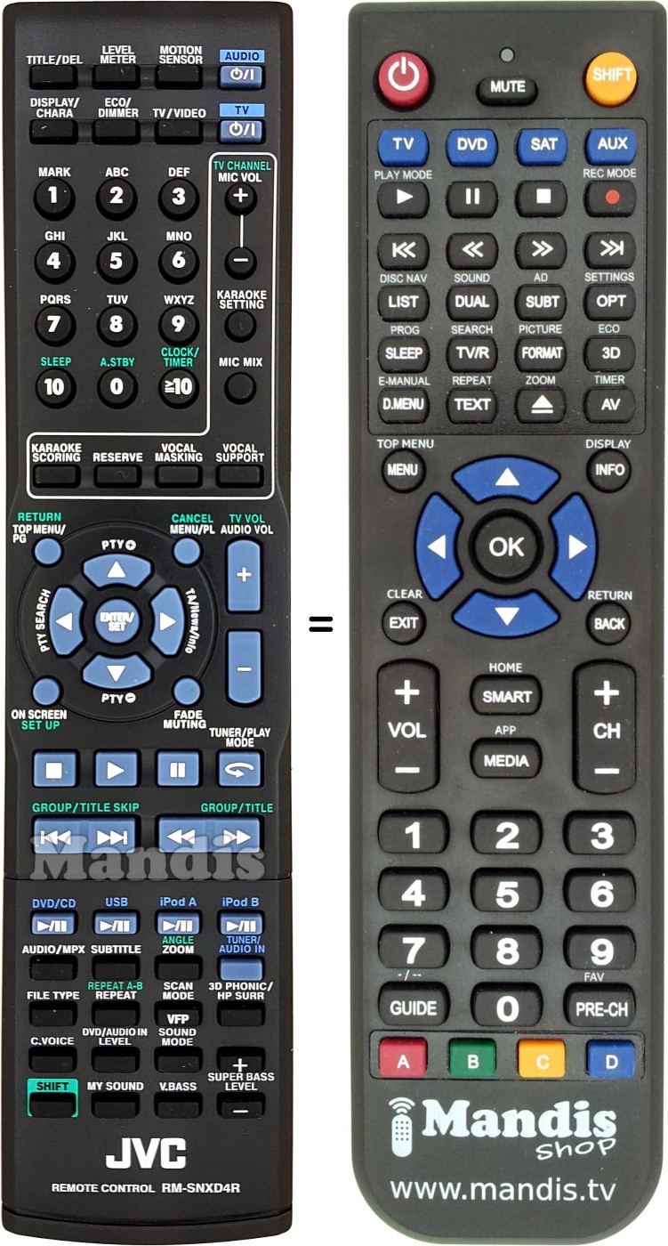 Mando a distancia equivalente JVC RM-SNXD4R