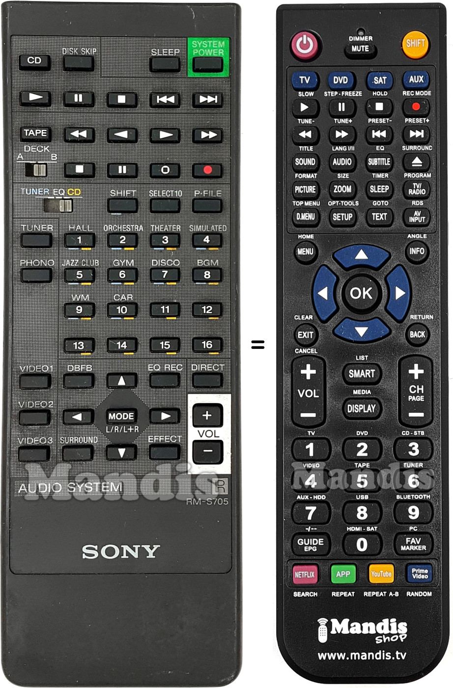 Mando a distancia equivalente Sony RM-S705