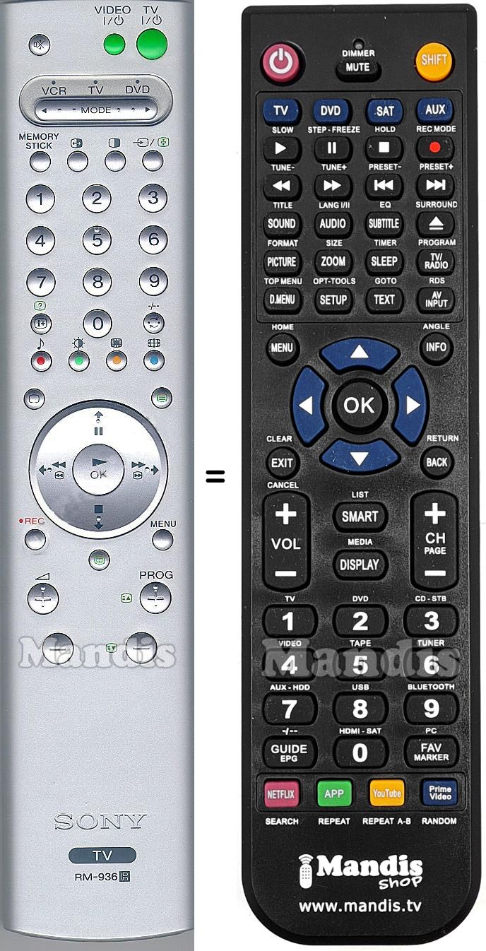 Mando a distancia equivalente Sony RM-936