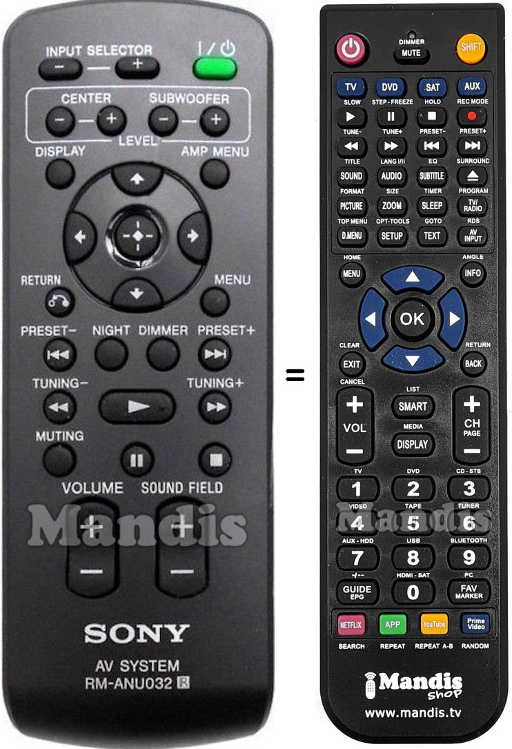 Mando a distancia equivalente Sony RM-ANU 032