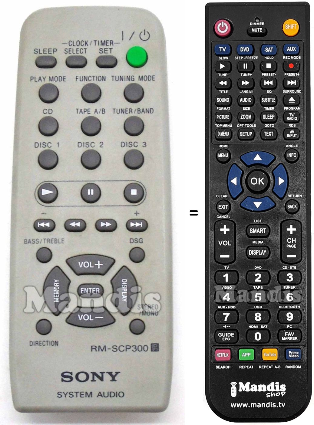 Mando a distancia equivalente Sony RM-SCP300