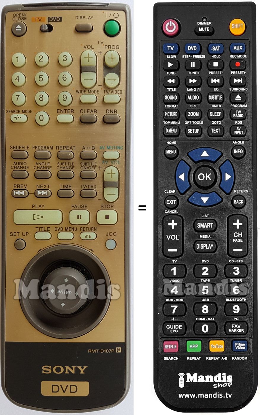 Mando a distancia equivalente Sony RMTD107P
