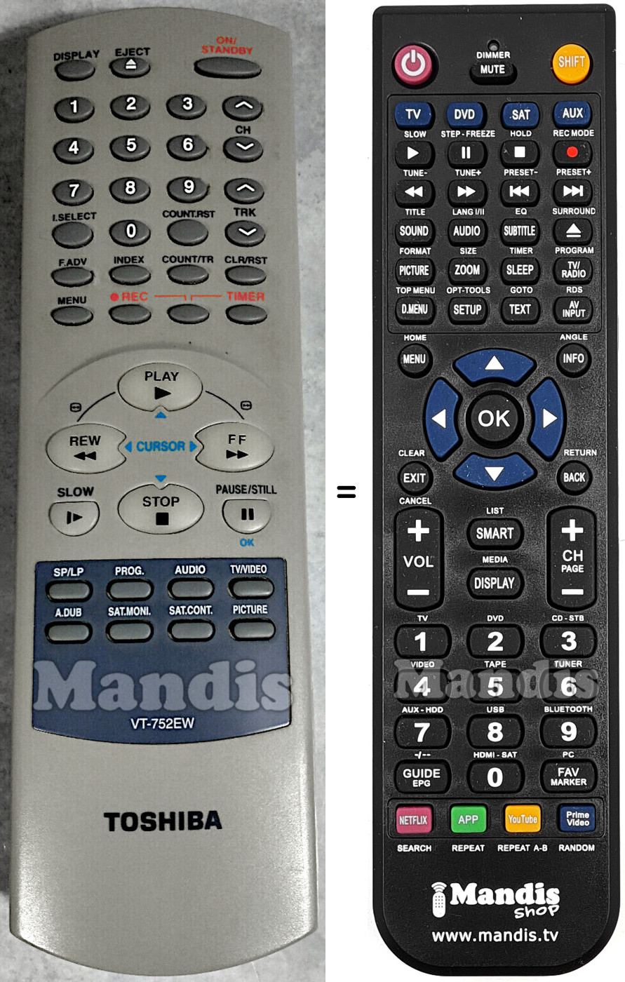 Replacement remote control Toshiba VT-752 EW