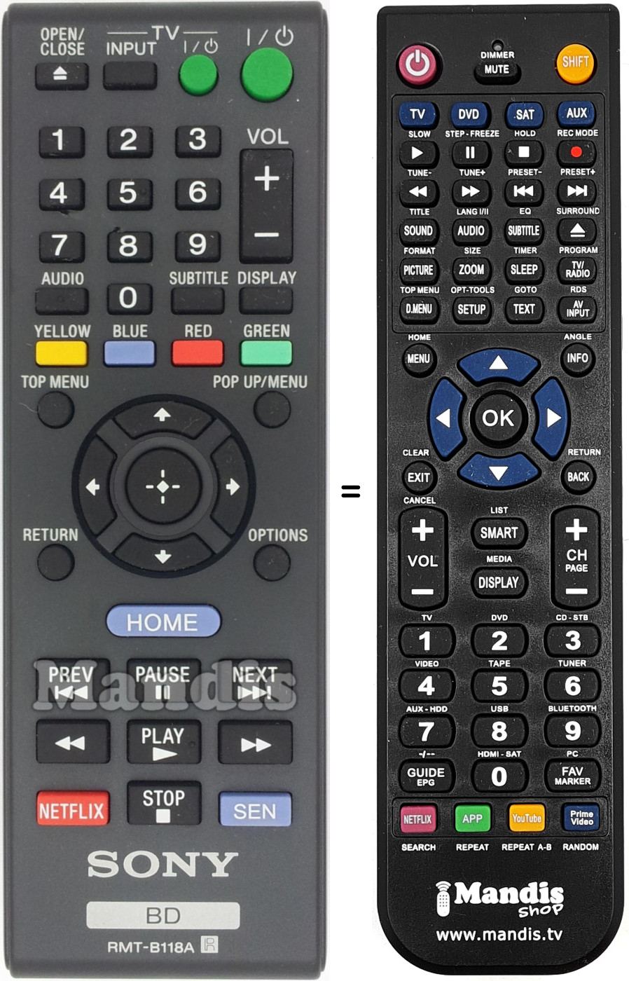 Mando a distancia equivalente Sony RMT-B118A