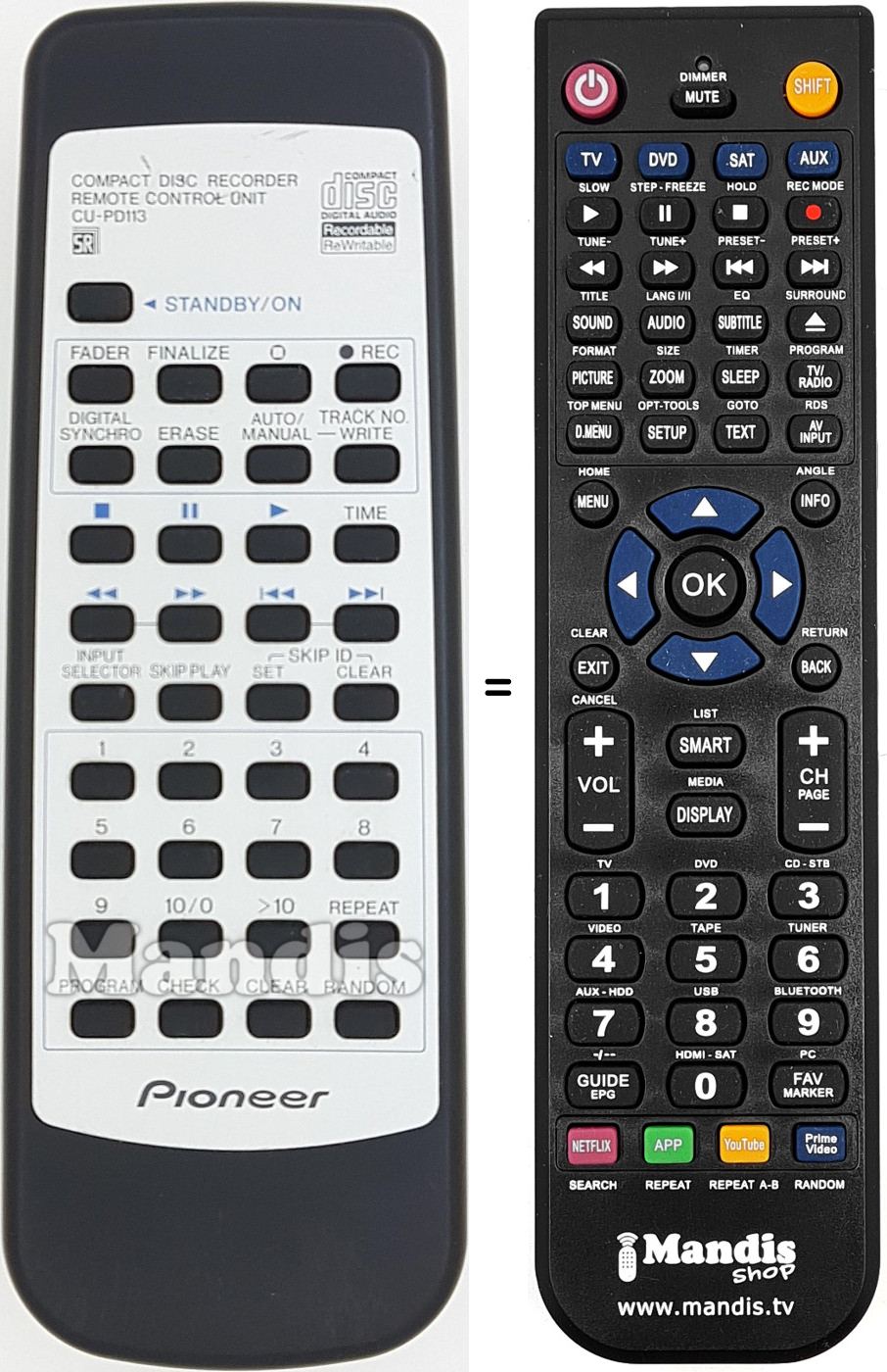 Mando a distancia equivalente Pioneer CU-PD113