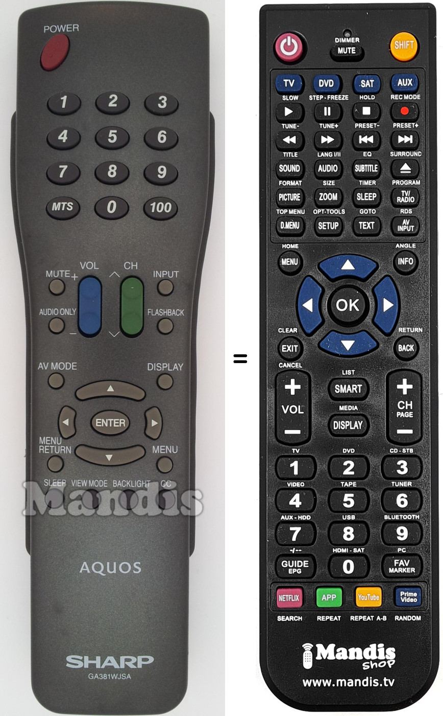 Mando a distancia equivalente Sharp GA381WJSA