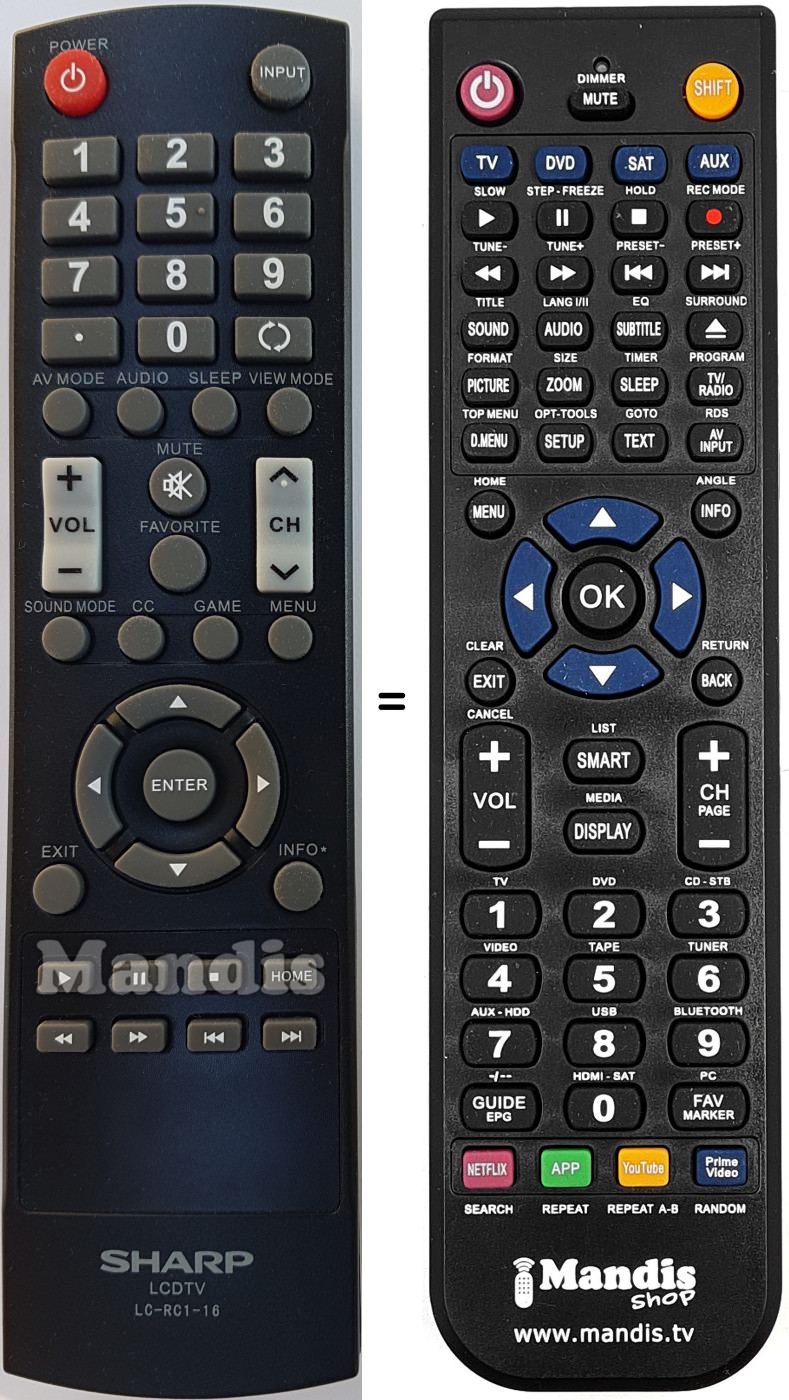 Mando a distancia equivalente Sharp LC-RC1-16