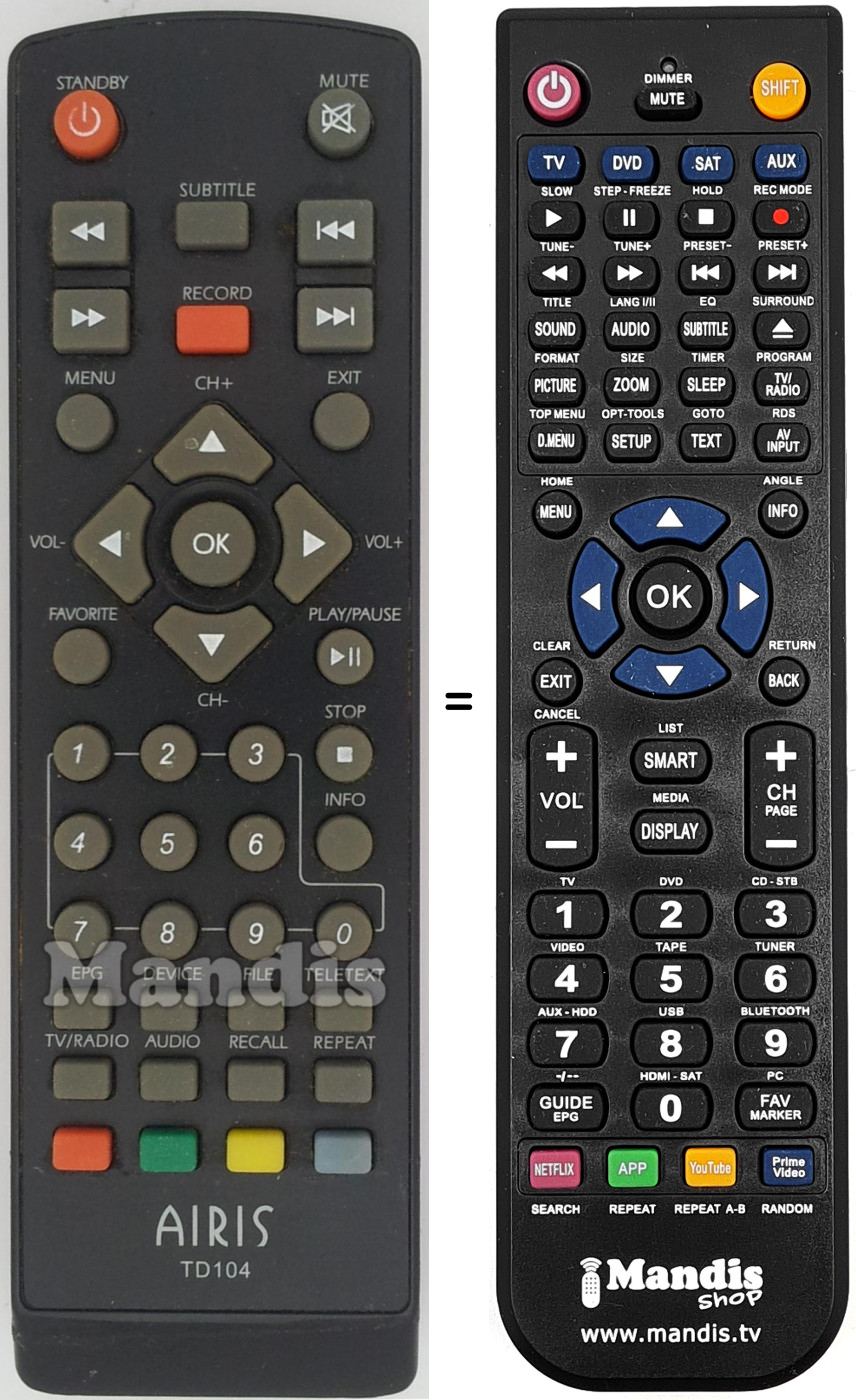 Replacement remote control Airis TD104