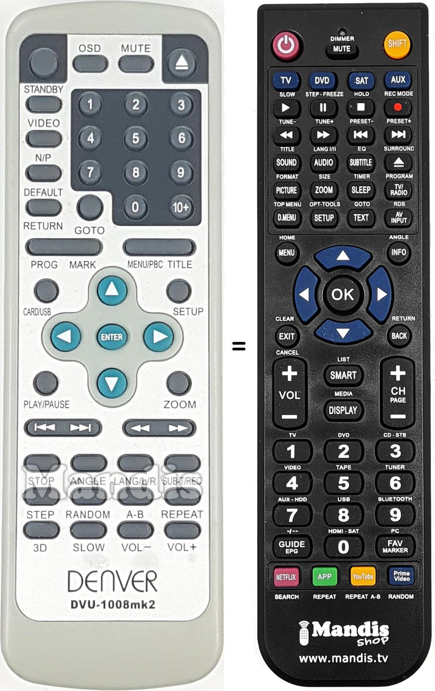 Replacement remote control Denver DVU1008MK2